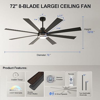 ELEMENT ACE 72 Inch Reversible Blade Ceiling Fan with Dimmable LED Light and Remote Control