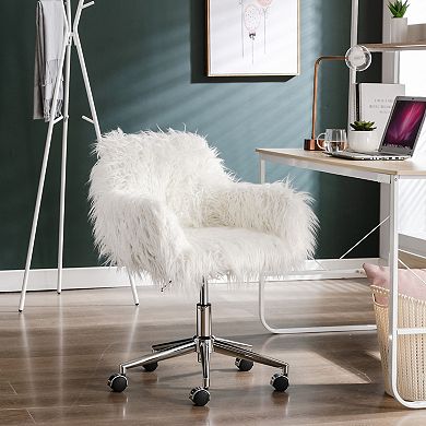 GOODSILO Modern Faux Fur Upholstered Home Office and Vanity Desk Chair with Chrome Base