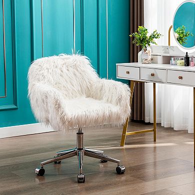 GOODSILO Modern Faux Fur Upholstered Home Office and Vanity Desk Chair with Chrome Base