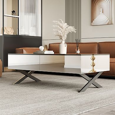 GOODSILO Rectangular Mirror Coffee Table with Storage Drawers and Metal Base