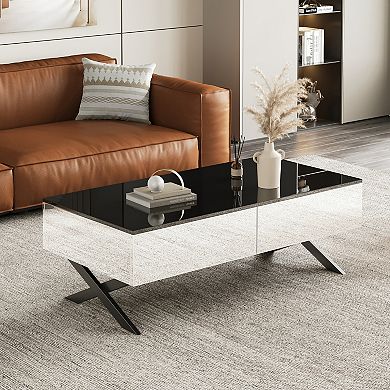 GOODSILO Rectangular Mirror Coffee Table with Storage Drawers and Metal Base