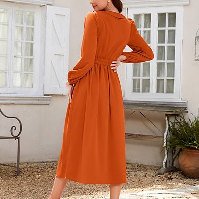 Women's Ruffled V-Neck Long Sleeve Smocked Waist Midi Dress
