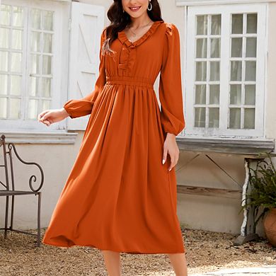 Women's Ruffled V-Neck Long Sleeve Smocked Waist Midi Dress