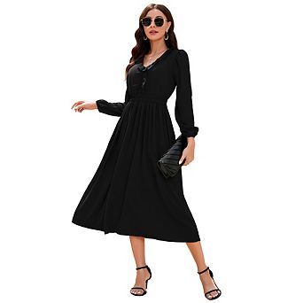 Women's Ruffled V-Neck Long Sleeve Smocked Waist Midi Dress