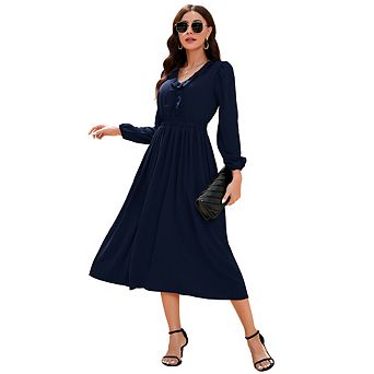 Women's Ruffled V-Neck Long Sleeve Smocked Waist Midi Dress