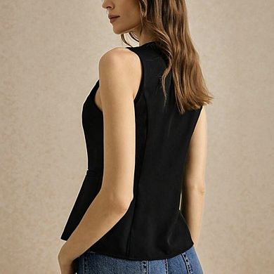 Women's Sleeveless Button-Front Waistcoat Crew Neck Fitted Vest