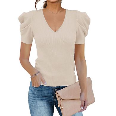 Womens V Neck Short Sleeve Ribbed Knit Puff Shoulder Fitted Casual Tops