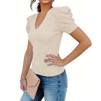 Womens V Neck Short Sleeve Ribbed Knit Puff Shoulder Fitted Casual Tops