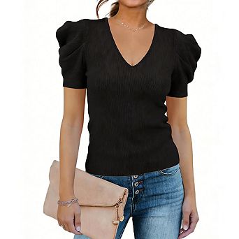 Womens V Neck Short Sleeve Ribbed Knit Puff Shoulder Fitted Casual Tops