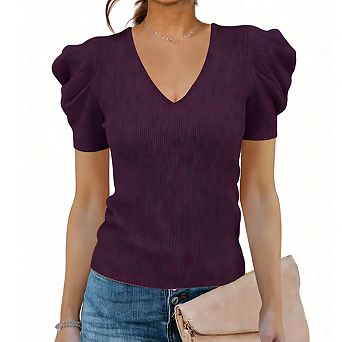 Womens V Neck Short Sleeve Ribbed Knit Puff Shoulder Fitted Casual Tops
