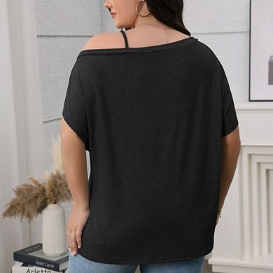 Women Plus Size Shirt Off-Shoulder V-Neck Blouse Batwing Short Sleeve Top