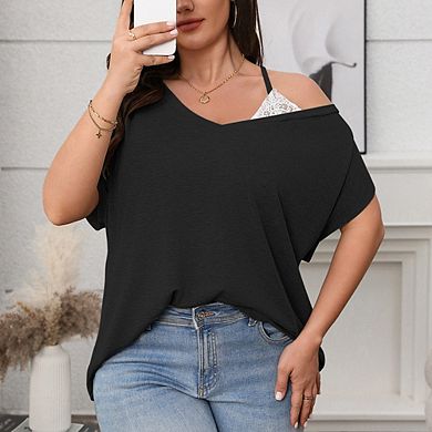 Women Plus Size Shirt Off-Shoulder V-Neck Blouse Batwing Short Sleeve Top