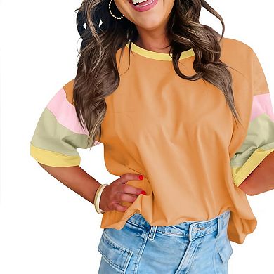 Womens Casual Loose Fit Color Block Stitching Short Sleeve Crew Neck ...