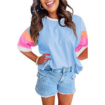 Womens Casual Loose Fit Color Block Stitching Short Sleeve Crew Neck Top T Shirts