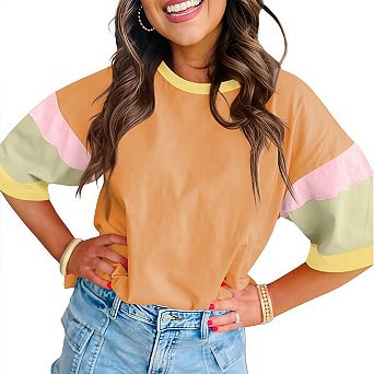 Womens Casual Loose Fit Color Block Stitching Short Sleeve Crew Neck Top T Shirts