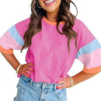 Womens Casual Loose Fit Color Block Stitching Short Sleeve Crew Neck Top T Shirts