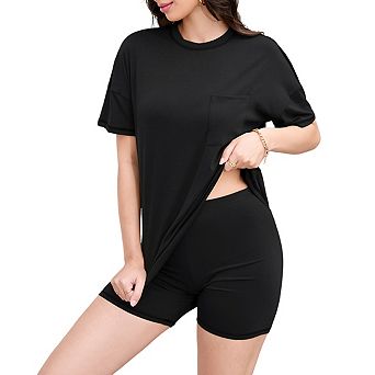 Womens Crew Neck Short Sleeve Two Piece With Pocket Casual Loungewear Sets