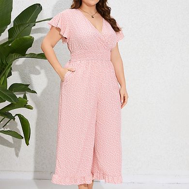 Women's Plus Size Wide Leg Jumpsuit Summer Casual Wrap V-Neck Flutter Sleeves Ruffled Hem Smocked