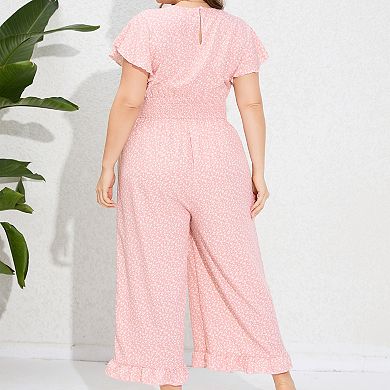 Women's Plus Size Wide Leg Jumpsuit Summer Casual Wrap V-Neck Flutter Sleeves Ruffled Hem Smocked