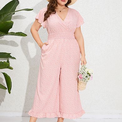 Women's Plus Size Wide Leg Jumpsuit Summer Casual Wrap V-Neck Flutter Sleeves Ruffled Hem Smocked