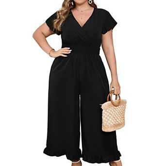 Women's Plus Size Wide Leg Jumpsuit Summer Casual Wrap V-Neck Flutter Sleeves Ruffled Hem Smocked