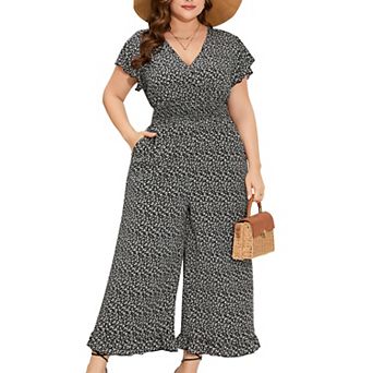 Women's Plus Size Wide Leg Jumpsuit Summer Casual Wrap V-Neck Flutter Sleeves Ruffled Hem Smocked