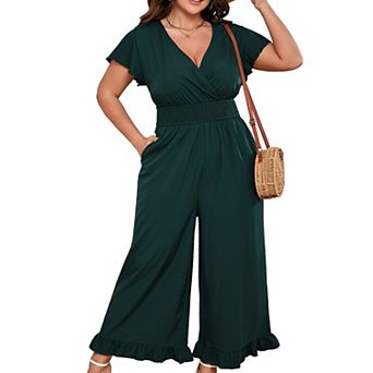 Women's Plus Size Wide Leg Jumpsuit Summer Casual Wrap V-Neck Flutter Sleeves Ruffled Hem Smocked