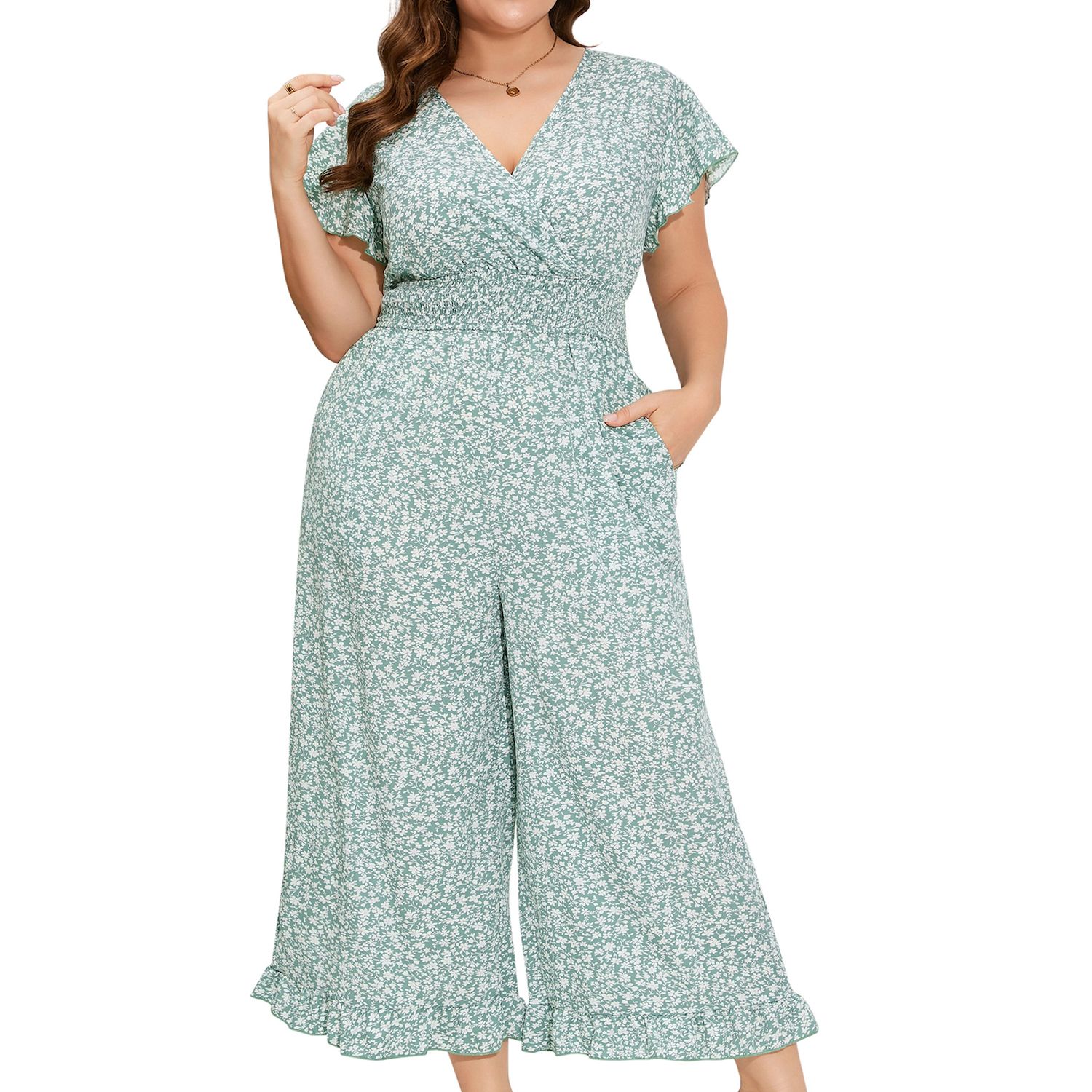 Женские комбинезоны Plus Size Wide Leg Jumpsuit Summer Casual Wrap V-Neck Flutter Sleeves Ruffled Hem Smocked