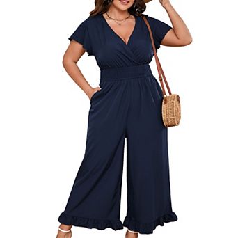 Women's Plus Size Wide Leg Jumpsuit Summer Casual Wrap V-Neck Flutter Sleeves Ruffled Hem Smocked