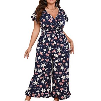 Women's Plus Size Wide Leg Jumpsuit Summer Casual Wrap V-Neck Flutter Sleeves Ruffled Hem Smocked