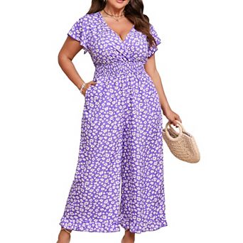 Women's Plus Size Wide Leg Jumpsuit Summer Casual Wrap V-Neck Flutter Sleeves Ruffled Hem Smocked