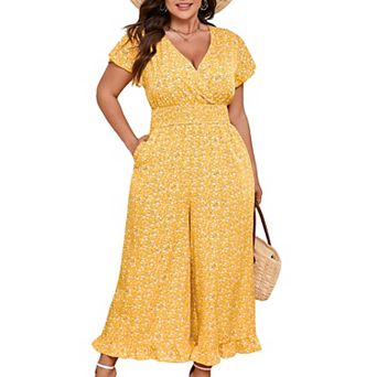 Women's Plus Size Wide Leg Jumpsuit Summer Casual Wrap V-Neck Flutter Sleeves Ruffled Hem Smocked