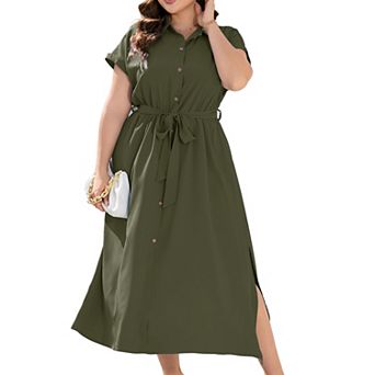 Women's Plus Size Shirt Dress Maxi Summer Short Sleeves Self-Tie Waist Side Slits Versatile Wear