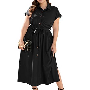 Women's Plus Size Shirt Dress Maxi Summer Short Sleeves Self-Tie Waist Side Slits Versatile Wear