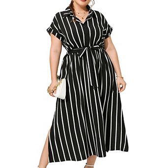 Women's Plus Size Shirt Dress Maxi Summer Short Sleeves Self-Tie Waist Side Slits Versatile Wear