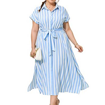 Women's Plus Size Shirt Dress Maxi Summer Short Sleeves Self-Tie Waist Side Slits Versatile Wear