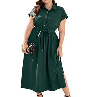 Women's Plus Size Shirt Dress Maxi Summer Short Sleeves Self-Tie Waist Side Slits Versatile Wear