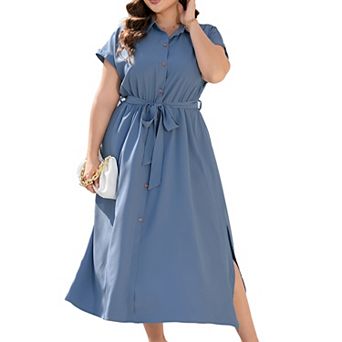 Women's Plus Size Shirt Dress Maxi Summer Short Sleeves Self-Tie Waist Side Slits Versatile Wear
