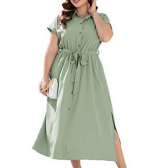 Women's Plus Size Shirt Dress Maxi Summer Short Sleeves Self-Tie Waist Side Slits Versatile Wear