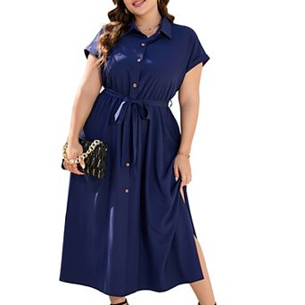 Women's Plus Size Shirt Dress Maxi Summer Short Sleeves Self-Tie Waist Side Slits Versatile Wear