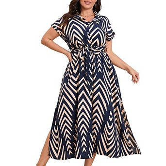 Women's Plus Size Shirt Dress Maxi Summer Short Sleeves Self-Tie Waist Side Slits Versatile Wear