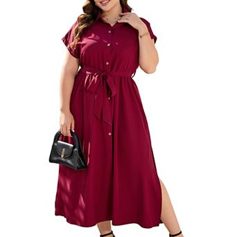 Women's Plus Size Shirt Dress Maxi Summer Short Sleeves Self-Tie Waist Side Slits Versatile Wear