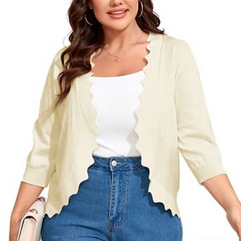 Women's Plus Size 3/4 Sleeves Knit Sweater Cardigan Lightweight Scalloped Casual Daily Wear