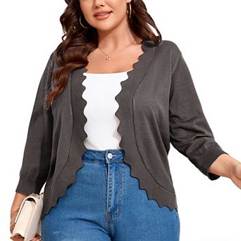 Women's Plus Size 3/4 Sleeves Knit Sweater Cardigan Lightweight Scalloped Casual Daily Wear