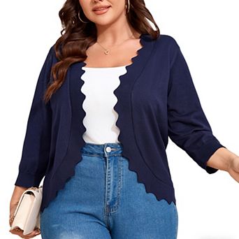 Women's Plus Size 3/4 Sleeves Knit Sweater Cardigan Lightweight Scalloped Casual Daily Wear