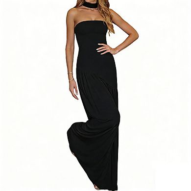 Womens Sleeveless Strapless Asymmetrical Pleated Elegant Evening Maxi Dress