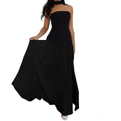 Womens Sleeveless Strapless Asymmetrical Pleated Elegant Evening Maxi Dress