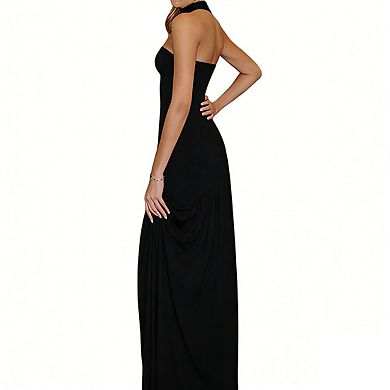 Womens Sleeveless Strapless Asymmetrical Pleated Elegant Evening Maxi Dress