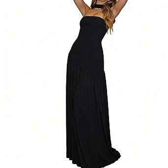 Womens Sleeveless Strapless Asymmetrical Pleated Elegant Evening Maxi Dress