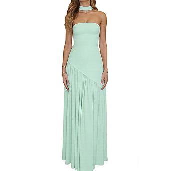Womens Sleeveless Strapless Asymmetrical Pleated Elegant Evening Maxi Dress